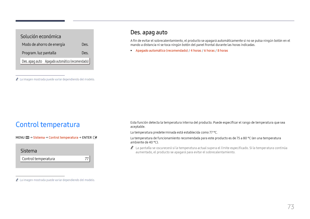 Samsung LH65QBHRTBC/EN, LH75QBHRTBC/EN manual Des. apag auto, Menu m→ Sistema → Control temperatura → Enter E 