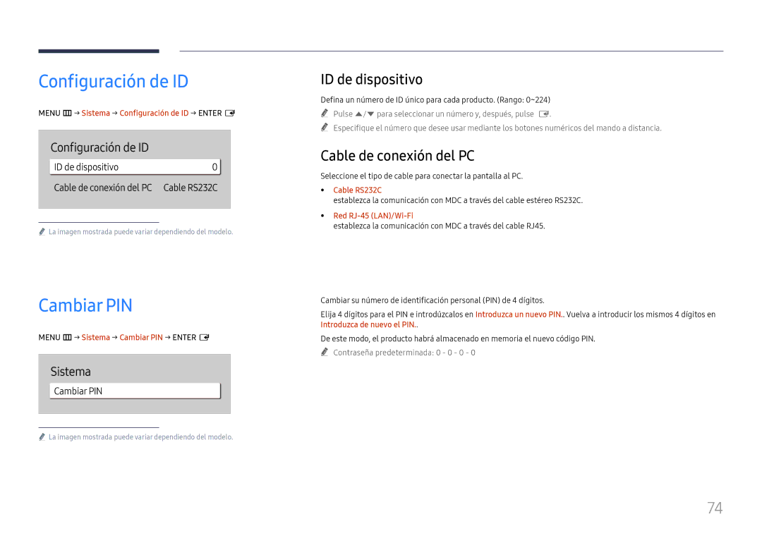 Samsung LH75QBHRTBC/EN, LH65QBHRTBC/EN manual Configuración de ID, Cambiar PIN, ID de dispositivo, Cable de conexión del PC 