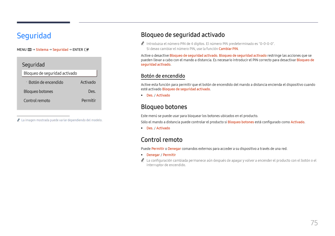 Samsung LH65QBHRTBC/EN, LH75QBHRTBC/EN manual Seguridad, Bloqueo de seguridad activado, Bloqueo botones, Control remoto 