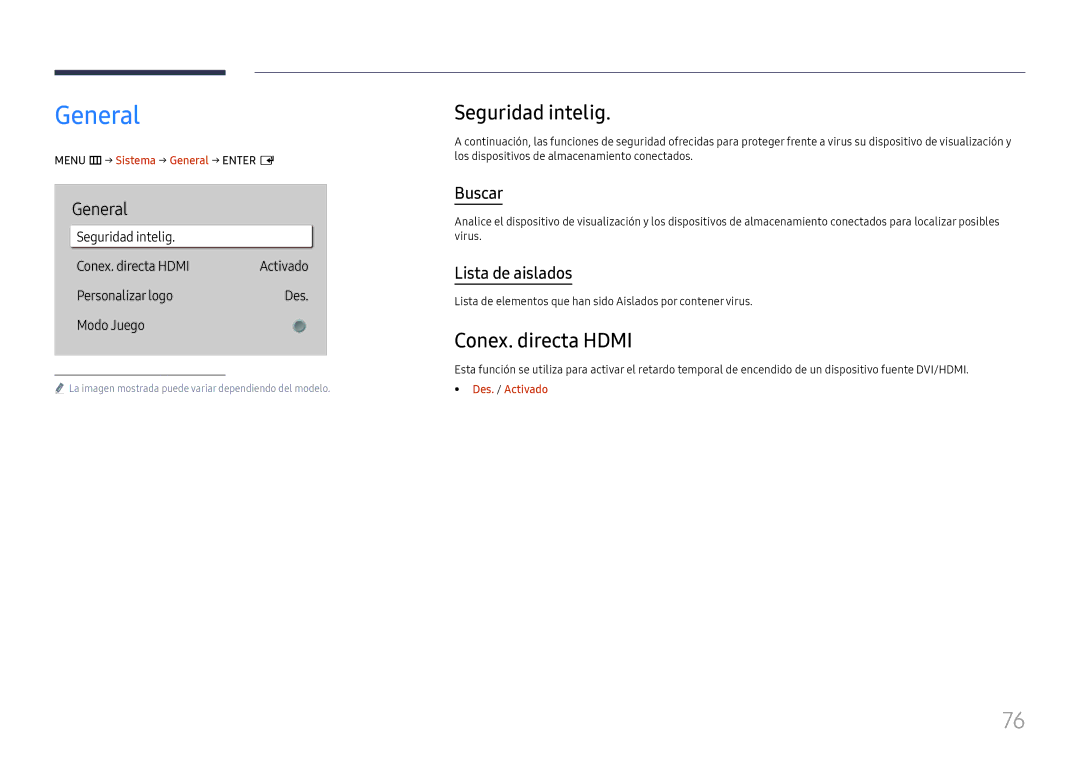 Samsung LH75QBHRTBC/EN, LH65QBHRTBC/EN manual General, Seguridad intelig, Conex. directa Hdmi 