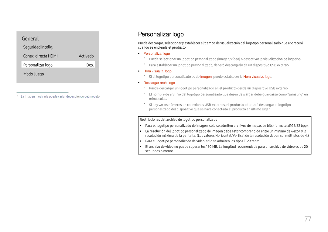 Samsung LH65QBHRTBC/EN, LH75QBHRTBC/EN manual Personalizar logo, Hora visualiz. logo, Descargar arch. logo 