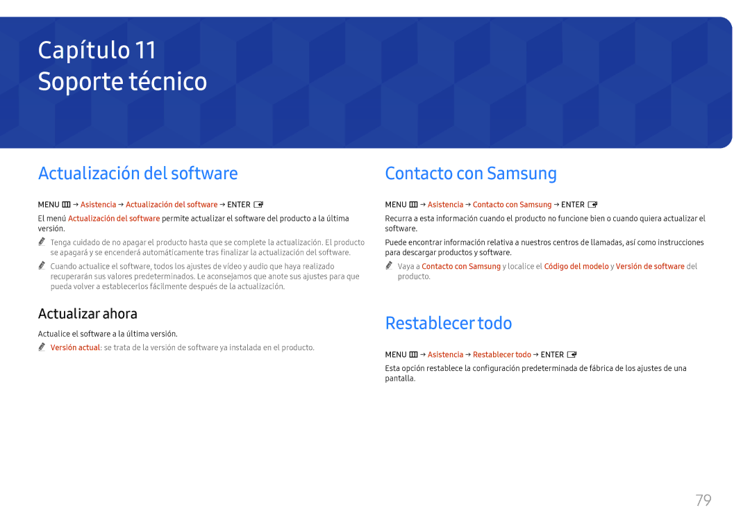 Samsung LH65QBHRTBC/EN, LH75QBHRTBC/EN Soporte técnico, Actualización del software, Contacto con Samsung, Restablecer todo 