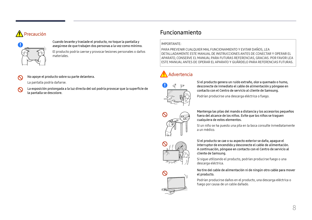 Samsung LH75QBHRTBC/EN manual Funcionamiento, No apoye el producto sobre su parte delantera, La pantalla podría dañarse 