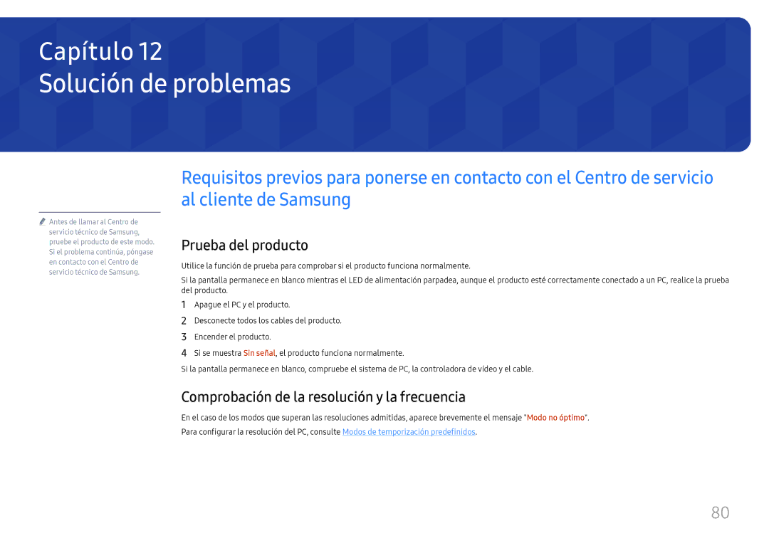 Samsung LH75QBHRTBC/EN manual Solución de problemas, Prueba del producto, Comprobación de la resolución y la frecuencia 