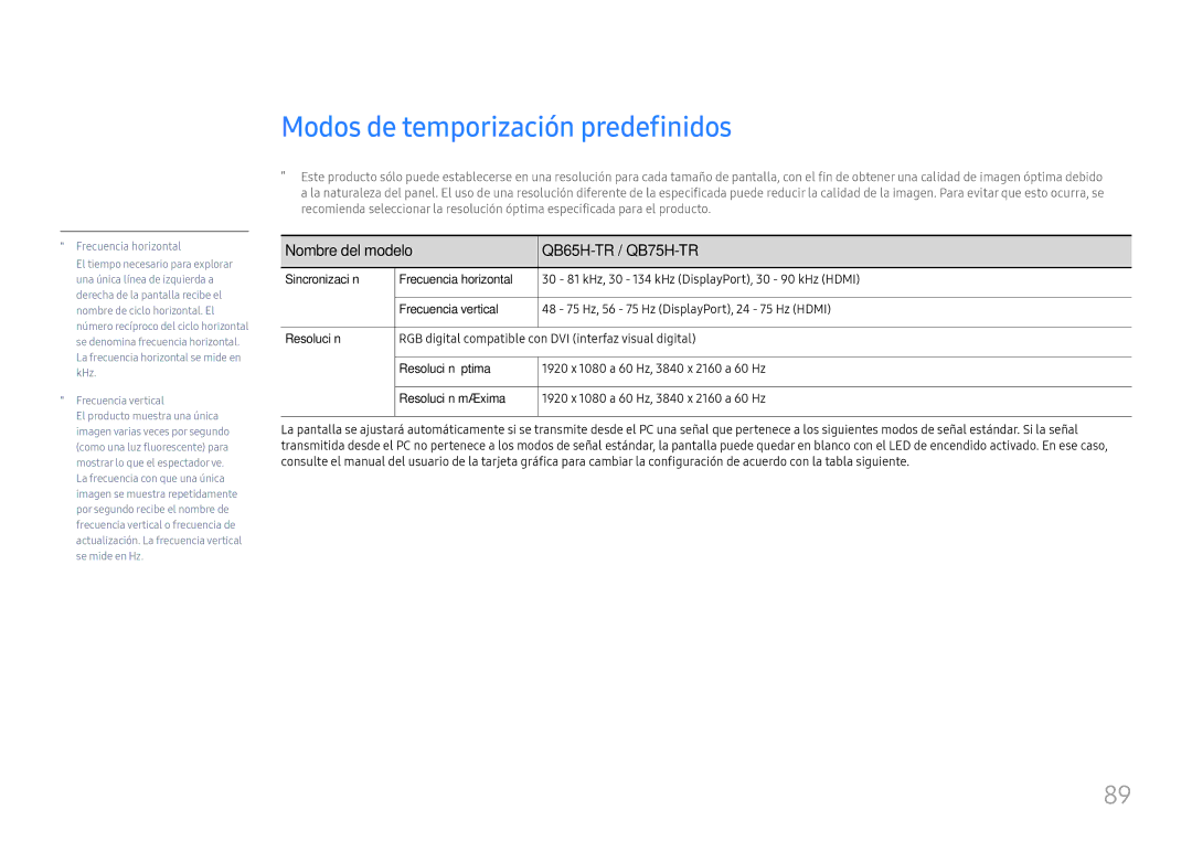 Samsung LH65QBHRTBC/EN, LH75QBHRTBC/EN manual Modos de temporización predefinidos, Frecuencia horizontal 