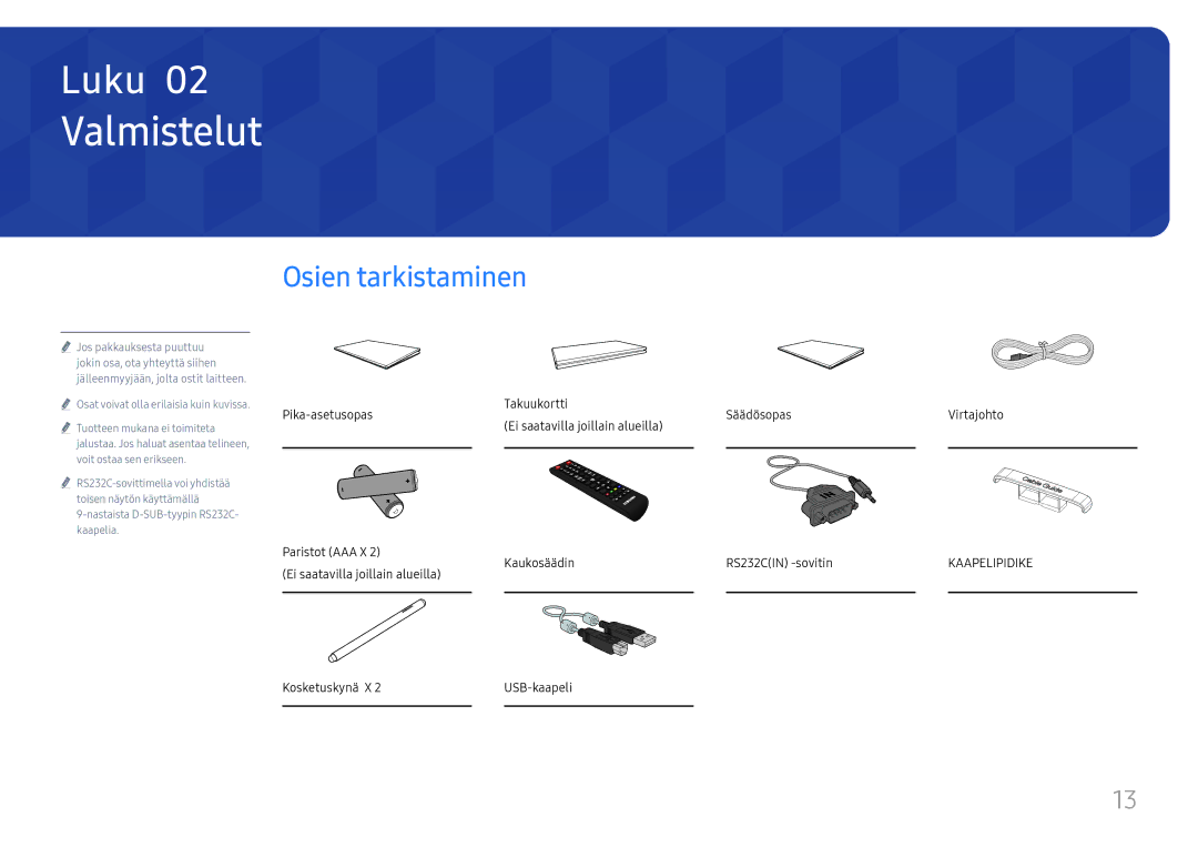 Samsung LH65QBHRTBC/EN, LH75QBHRTBC/EN manual Valmistelut, Osien tarkistaminen 