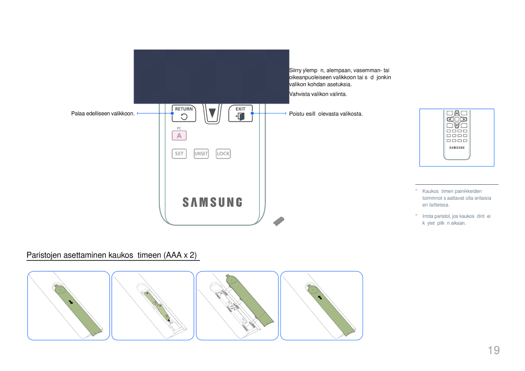 Samsung LH65QBHRTBC/EN, LH75QBHRTBC/EN manual Paristojen asettaminen kaukosäätimeen AAA x, Palaa edelliseen valikkoon 