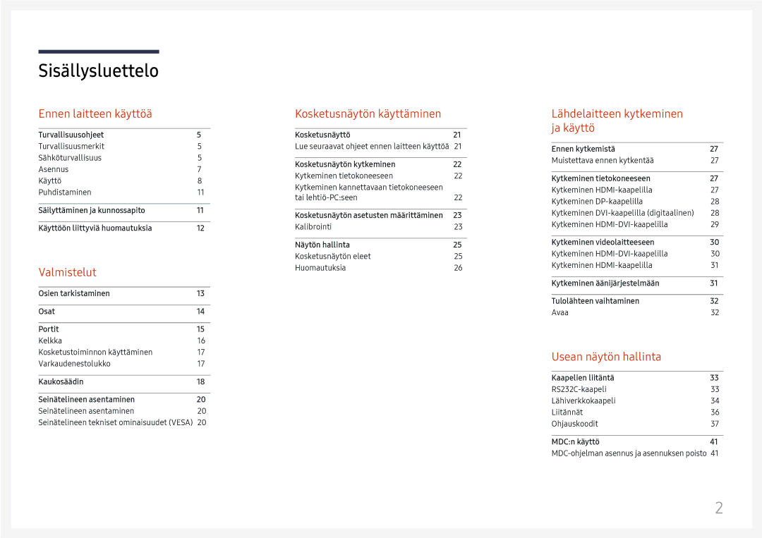 Samsung LH75QBHRTBC/EN, LH65QBHRTBC/EN manual Sisällysluettelo 