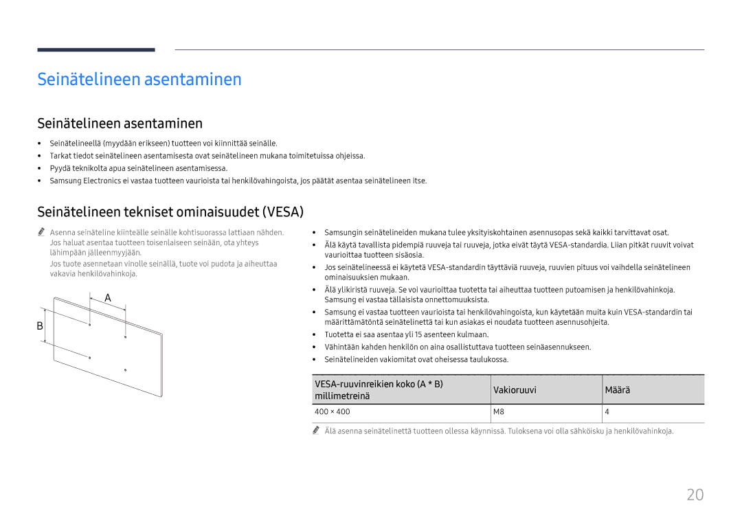 Samsung LH75QBHRTBC/EN, LH65QBHRTBC/EN manual Seinätelineen asentaminen, 400 × 