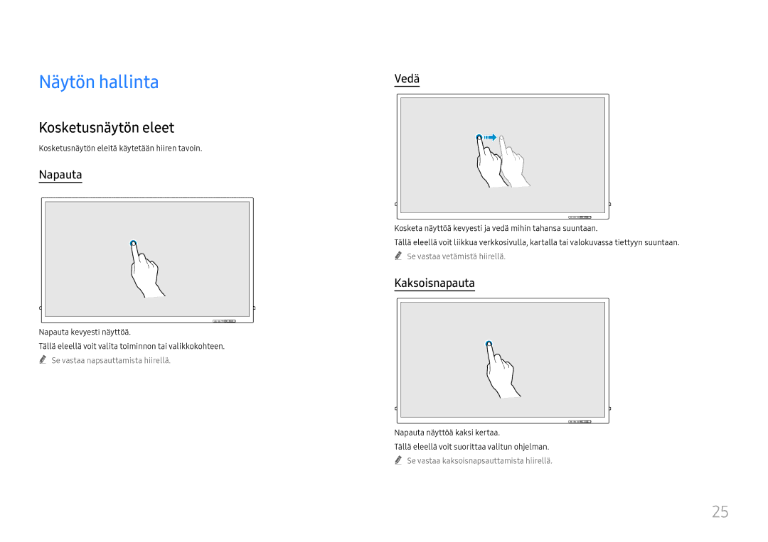 Samsung LH65QBHRTBC/EN, LH75QBHRTBC/EN manual Näytön hallinta, Kosketusnäytön eleet, Napauta, Vedä, Kaksoisnapauta 
