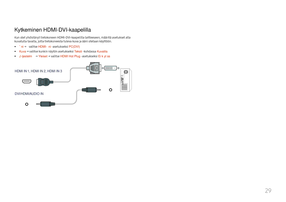 Samsung LH65QBHRTBC/EN, LH75QBHRTBC/EN manual Kytkeminen HDMI-DVI-kaapelilla 