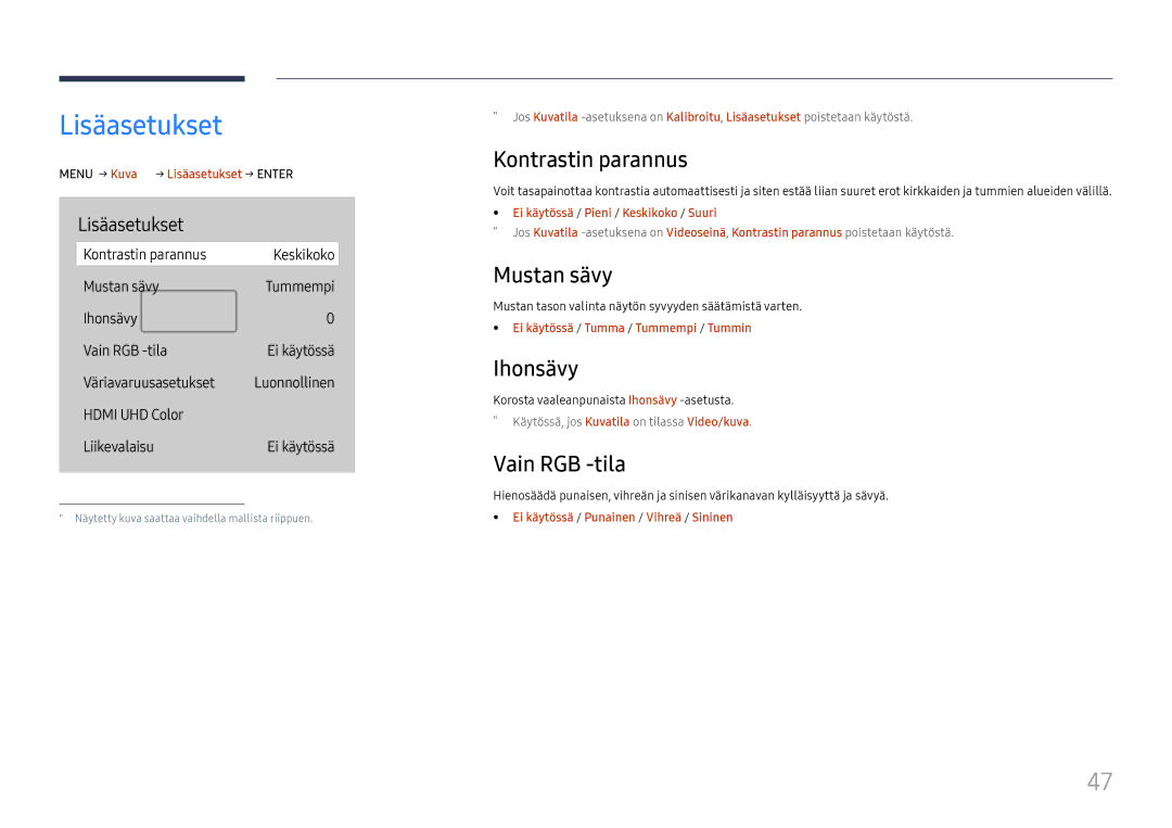 Samsung LH65QBHRTBC/EN, LH75QBHRTBC/EN manual Lisäasetukset, Kontrastin parannus, Mustan sävy, Ihonsävy, Vain RGB -tila 