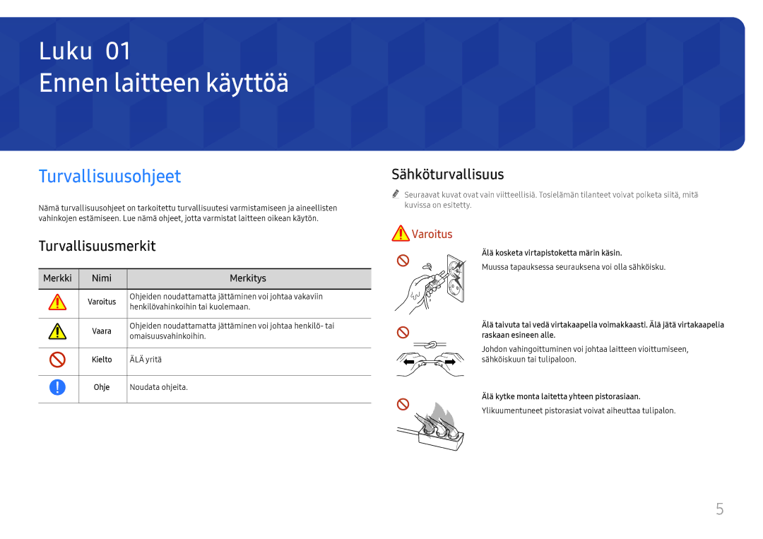 Samsung LH65QBHRTBC/EN, LH75QBHRTBC/EN Ennen laitteen käyttöä, Turvallisuusohjeet, Turvallisuusmerkit, Sähköturvallisuus 