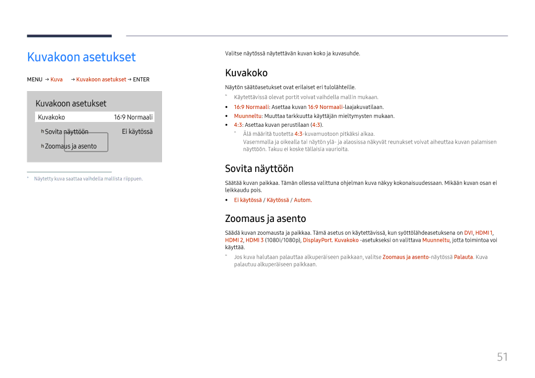 Samsung LH65QBHRTBC/EN, LH75QBHRTBC/EN manual Kuvakoon asetukset, Kuvakoko, Sovita näyttöön, Zoomaus ja asento 