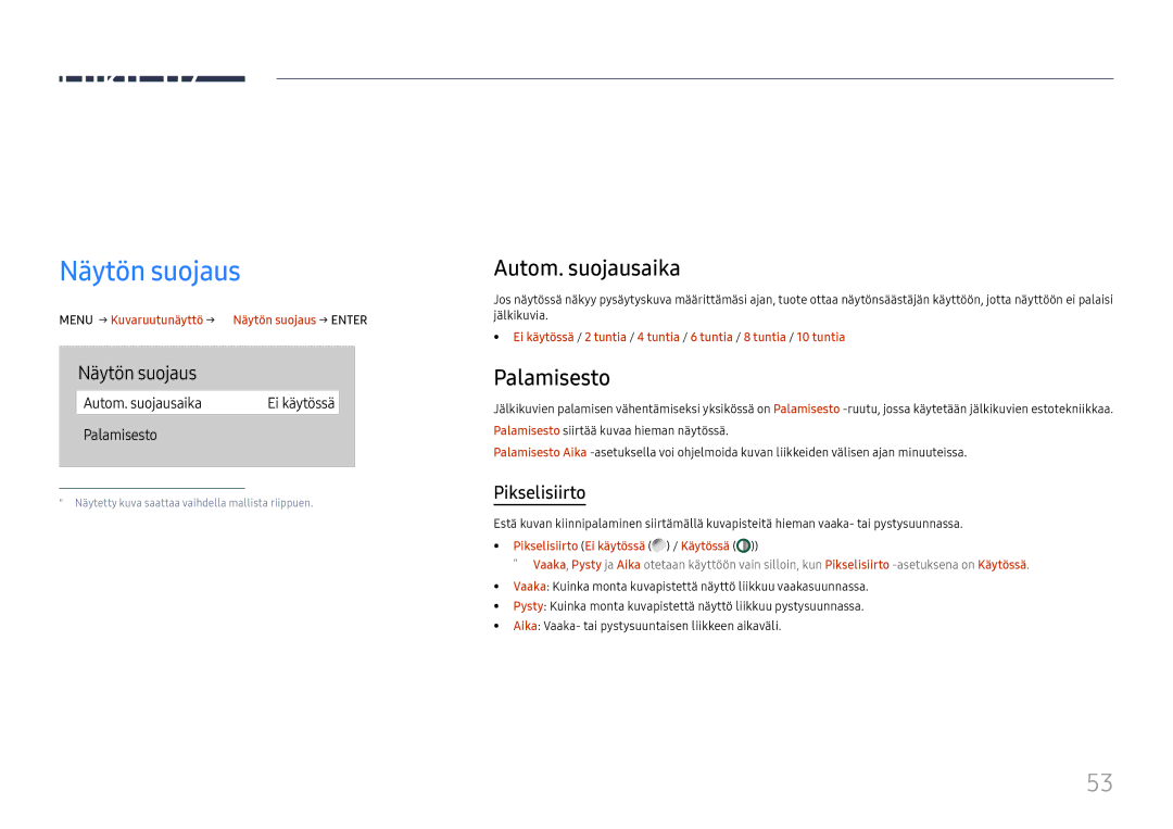 Samsung LH65QBHRTBC/EN, LH75QBHRTBC/EN manual Kuvaruutunäyttö, Näytön suojaus, Autom. suojausaika, Palamisesto 