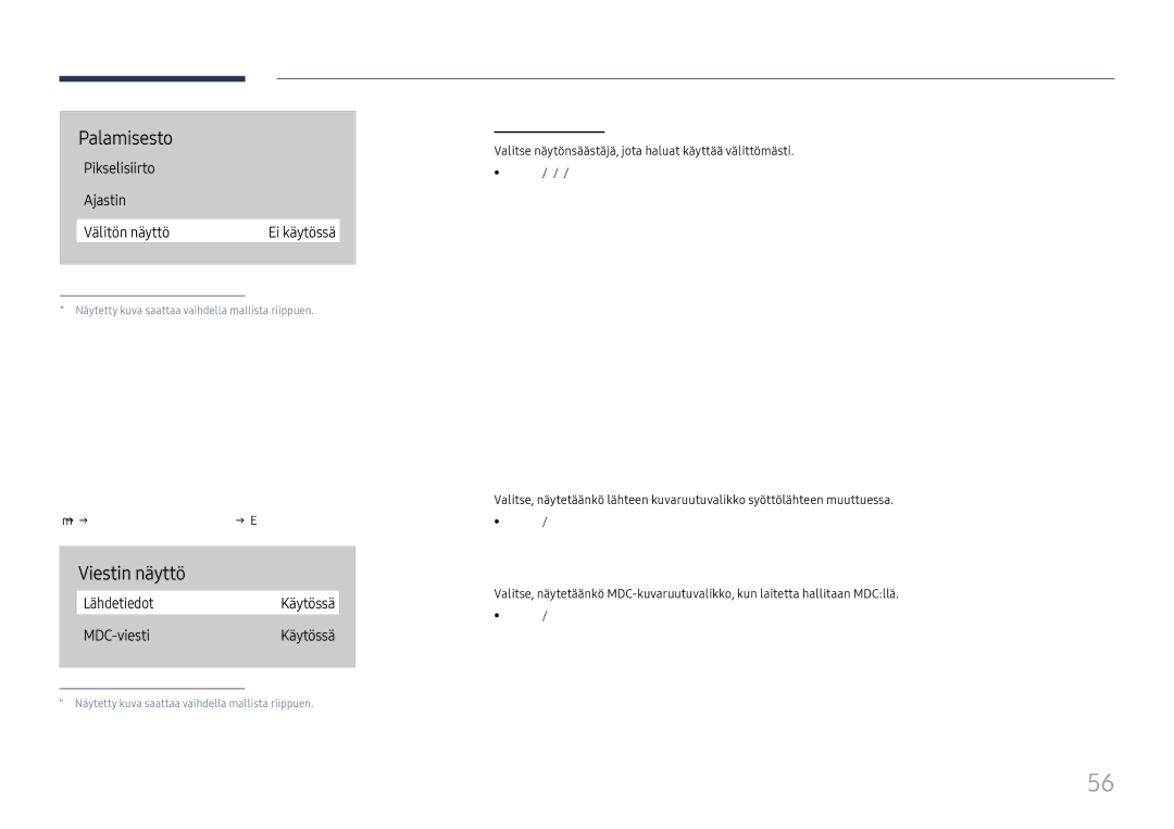 Samsung LH75QBHRTBC/EN, LH65QBHRTBC/EN manual Viestin näyttö, Lähdetiedot, MDC-viesti, Välitön näyttö 