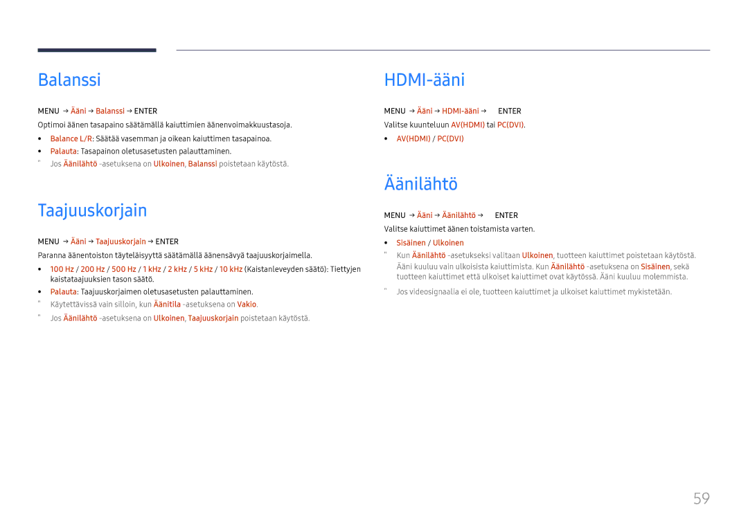 Samsung LH65QBHRTBC/EN, LH75QBHRTBC/EN manual Balanssi, Taajuuskorjain, HDMI-ääni, Äänilähtö 