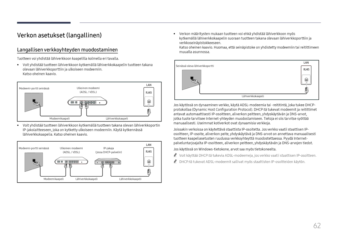 Samsung LH75QBHRTBC/EN, LH65QBHRTBC/EN manual Verkon asetukset langallinen, Langallisen verkkoyhteyden muodostaminen 