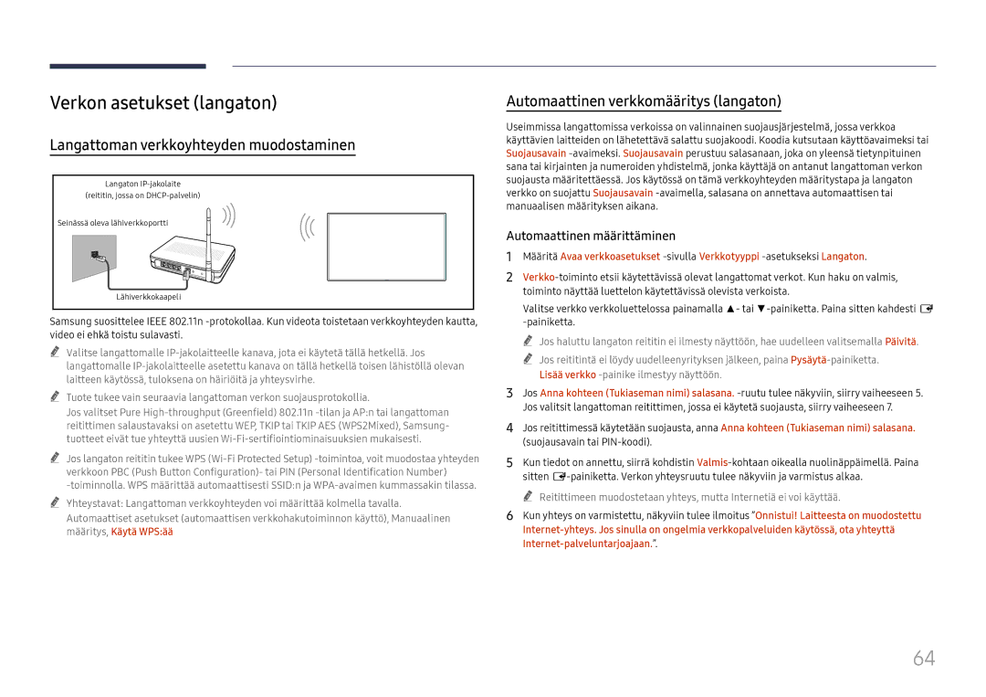 Samsung LH75QBHRTBC/EN, LH65QBHRTBC/EN manual Verkon asetukset langaton, Langattoman verkkoyhteyden muodostaminen 