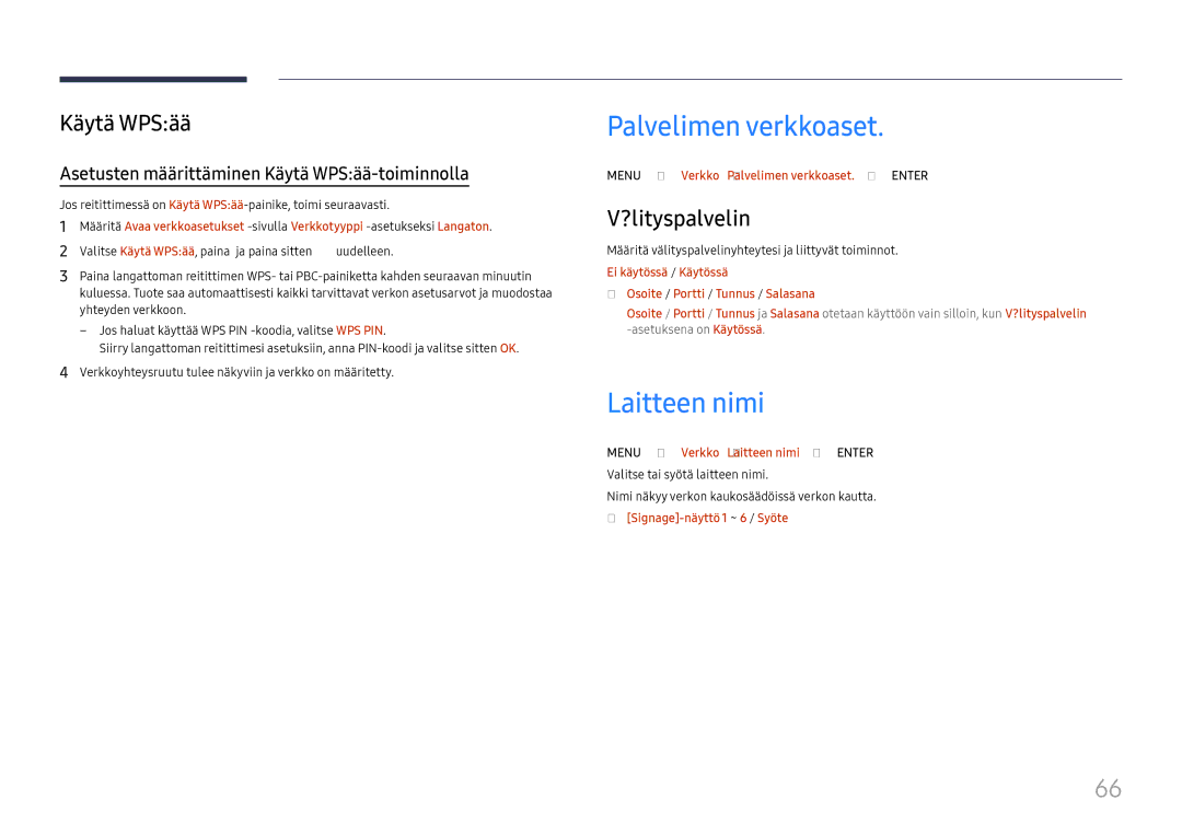 Samsung LH75QBHRTBC/EN, LH65QBHRTBC/EN manual Palvelimen verkkoaset, Laitteen nimi, Käytä WPSää, ?lityspalvelin 