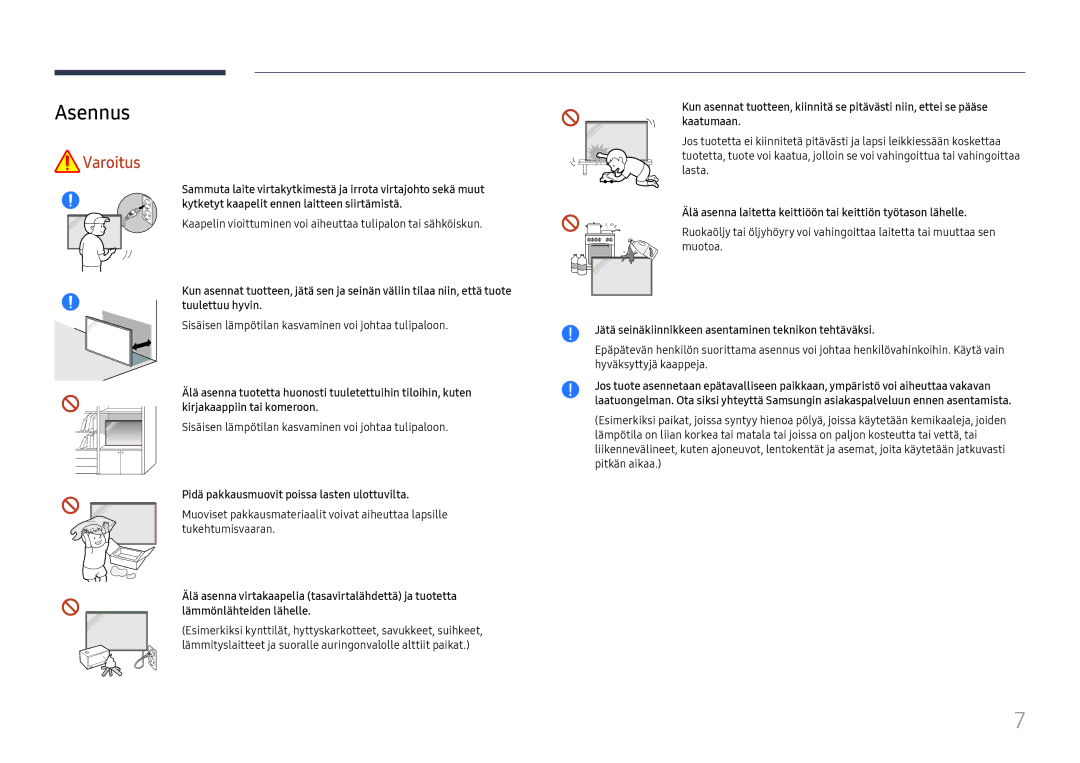 Samsung LH65QBHRTBC/EN, LH75QBHRTBC/EN manual Asennus, Pidä pakkausmuovit poissa lasten ulottuvilta 