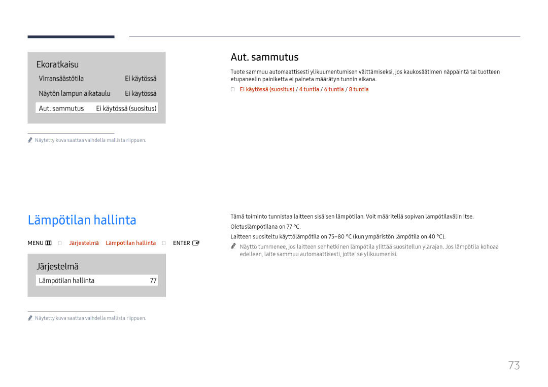 Samsung LH65QBHRTBC/EN, LH75QBHRTBC/EN manual Aut. sammutus, Menu m→ Järjestelmä → Lämpötilan hallinta → Enter E 