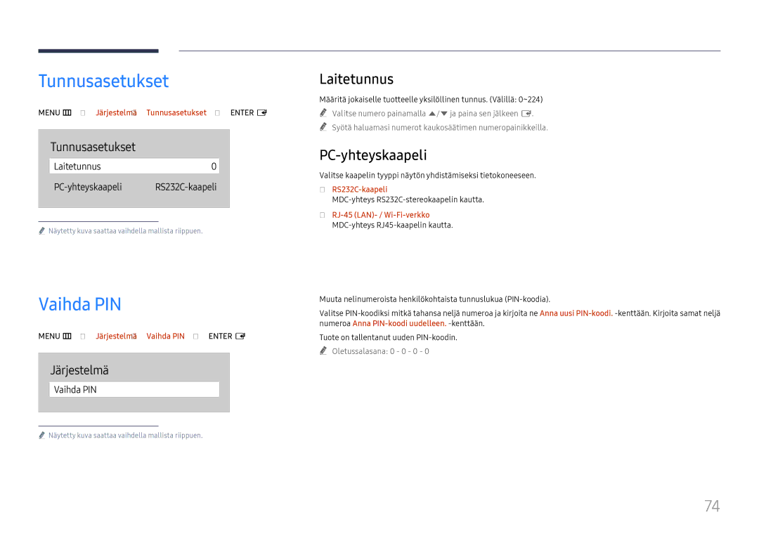 Samsung LH75QBHRTBC/EN, LH65QBHRTBC/EN manual Tunnusasetukset, Vaihda PIN, Laitetunnus, PC-yhteyskaapeli 