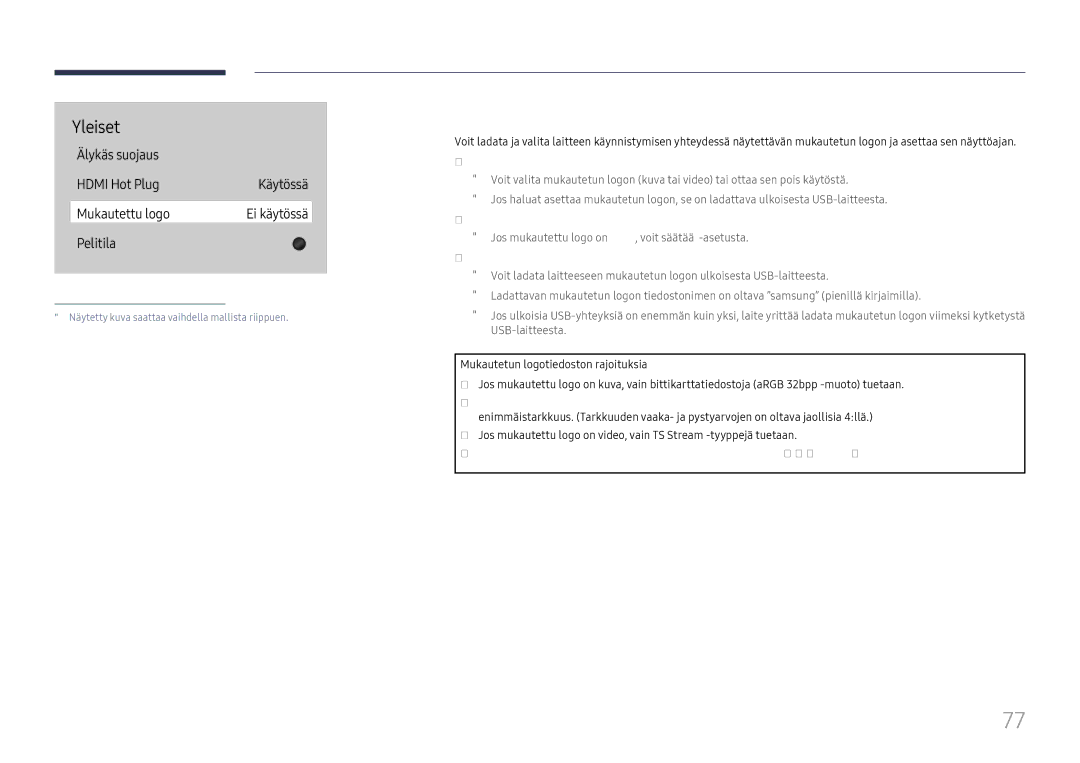 Samsung LH65QBHRTBC/EN, LH75QBHRTBC/EN manual Mukautettu logo, Logon näyttöaika, Lataa logotiedosto 