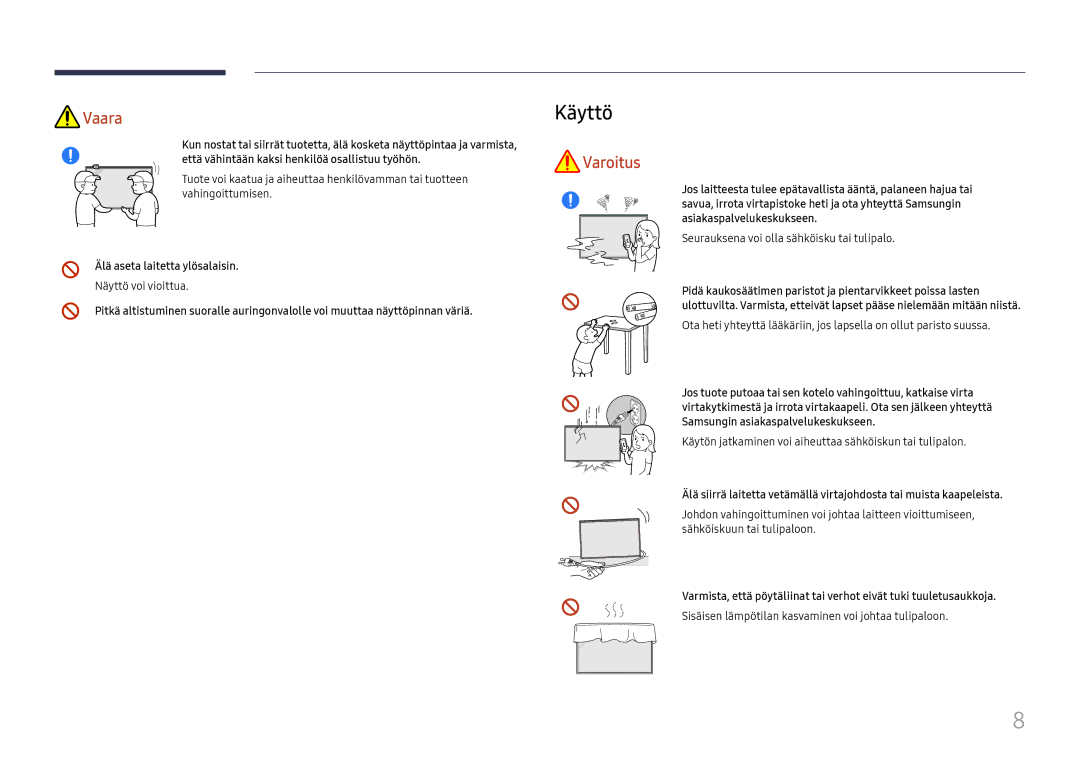 Samsung LH75QBHRTBC/EN, LH65QBHRTBC/EN manual Käyttö, Älä aseta laitetta ylösalaisin 