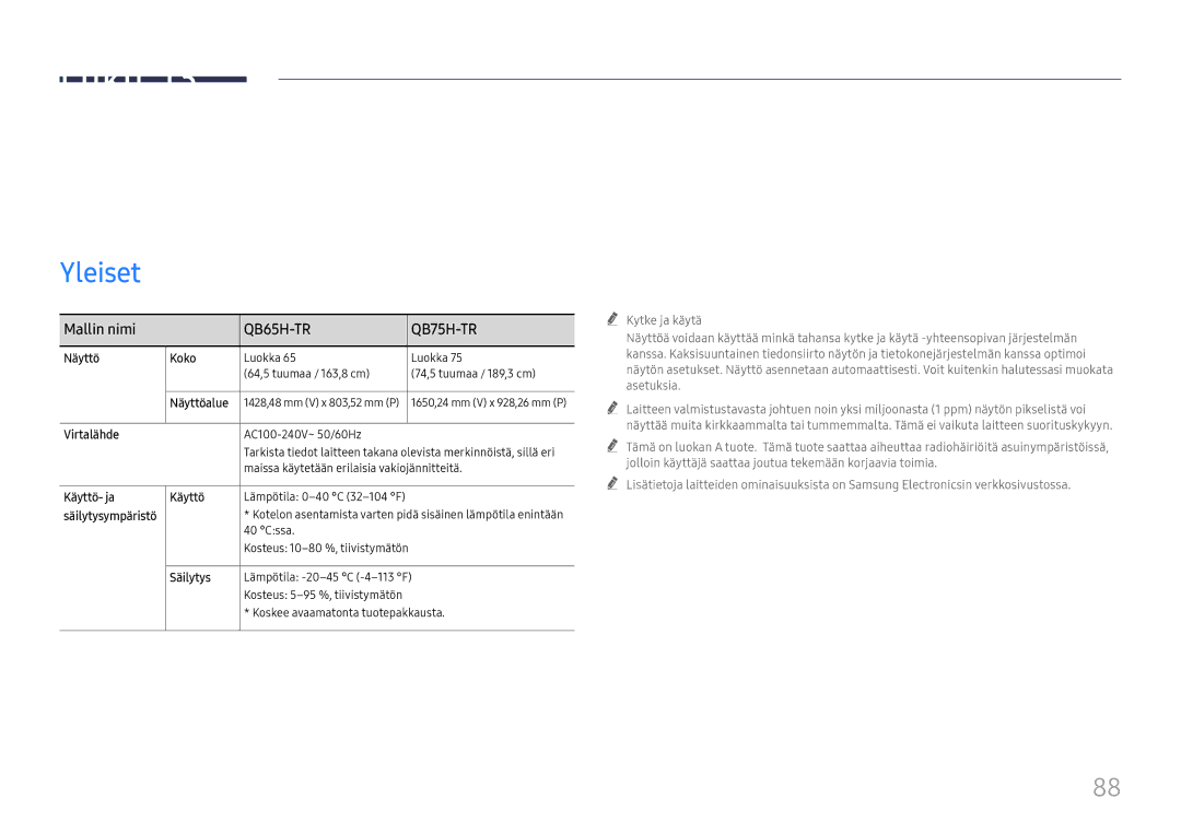 Samsung LH75QBHRTBC/EN, LH65QBHRTBC/EN manual Tekniset tiedot, Mallin nimi 