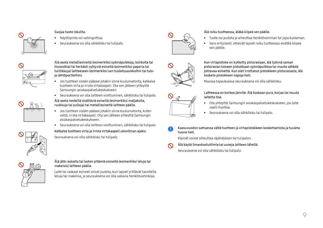 Samsung LH65QBHRTBC/EN, LH75QBHRTBC/EN manual Suojaa tuote iskuilta, Älä roiku tuotteessa, äläkä kiipeä sen päälle 