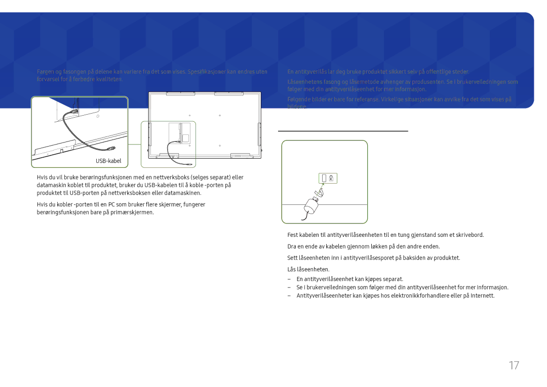 Samsung LH65QBHRTBC/EN, LH75QBHRTBC/EN manual Bruke berøringsfunksjonen, Antityverilås, Slik låser du en antityverilåseenhet 