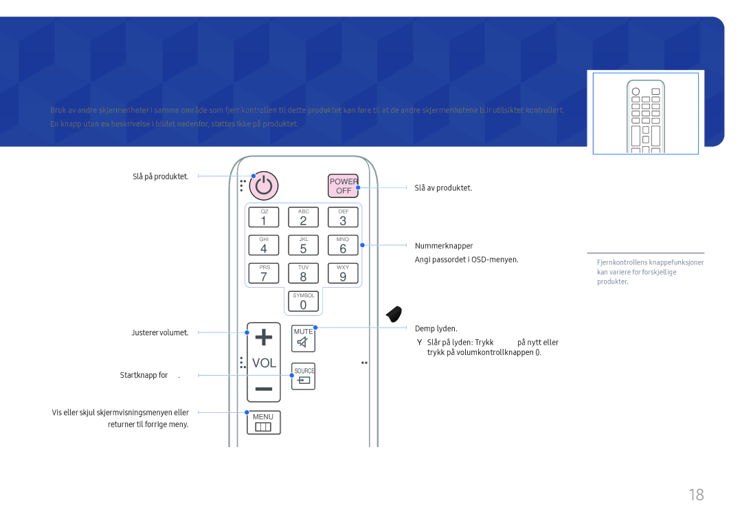 Samsung LH75QBHRTBC/EN, LH65QBHRTBC/EN manual Fjernkontroll, Slå på produktet Justerervolumet Startknapp for Open 