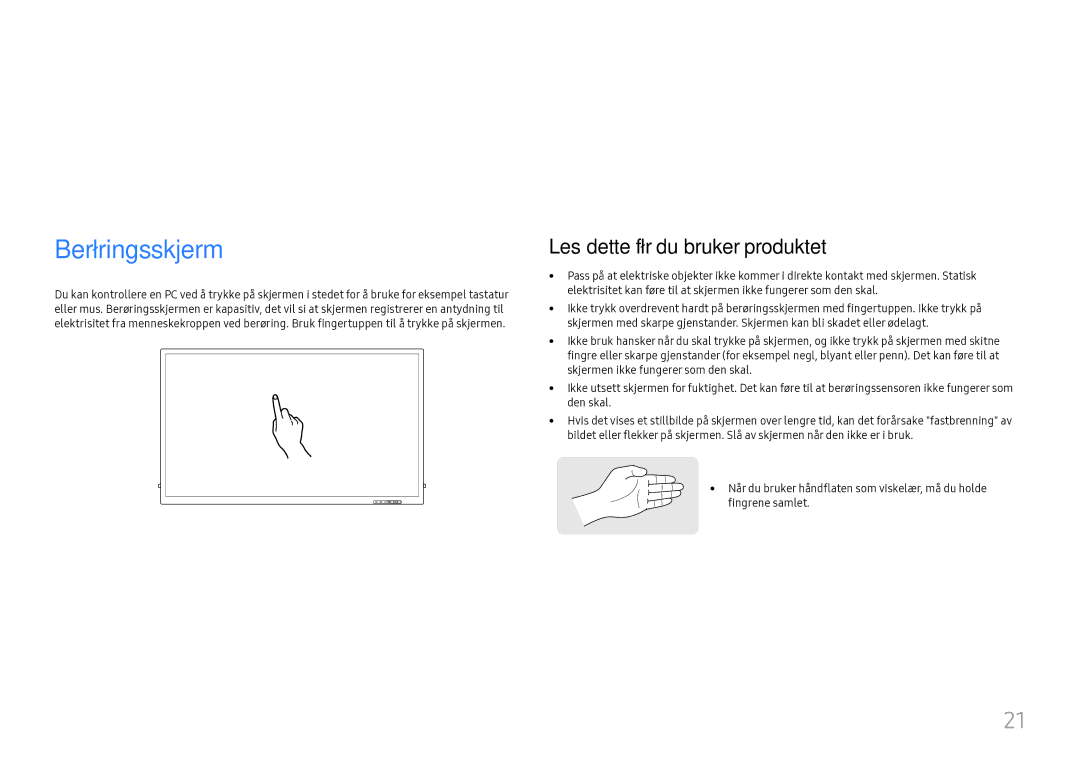 Samsung LH65QBHRTBC/EN, LH75QBHRTBC/EN manual Bruke en berøringsskjerm, Berøringsskjerm, Les dette før du bruker produktet 