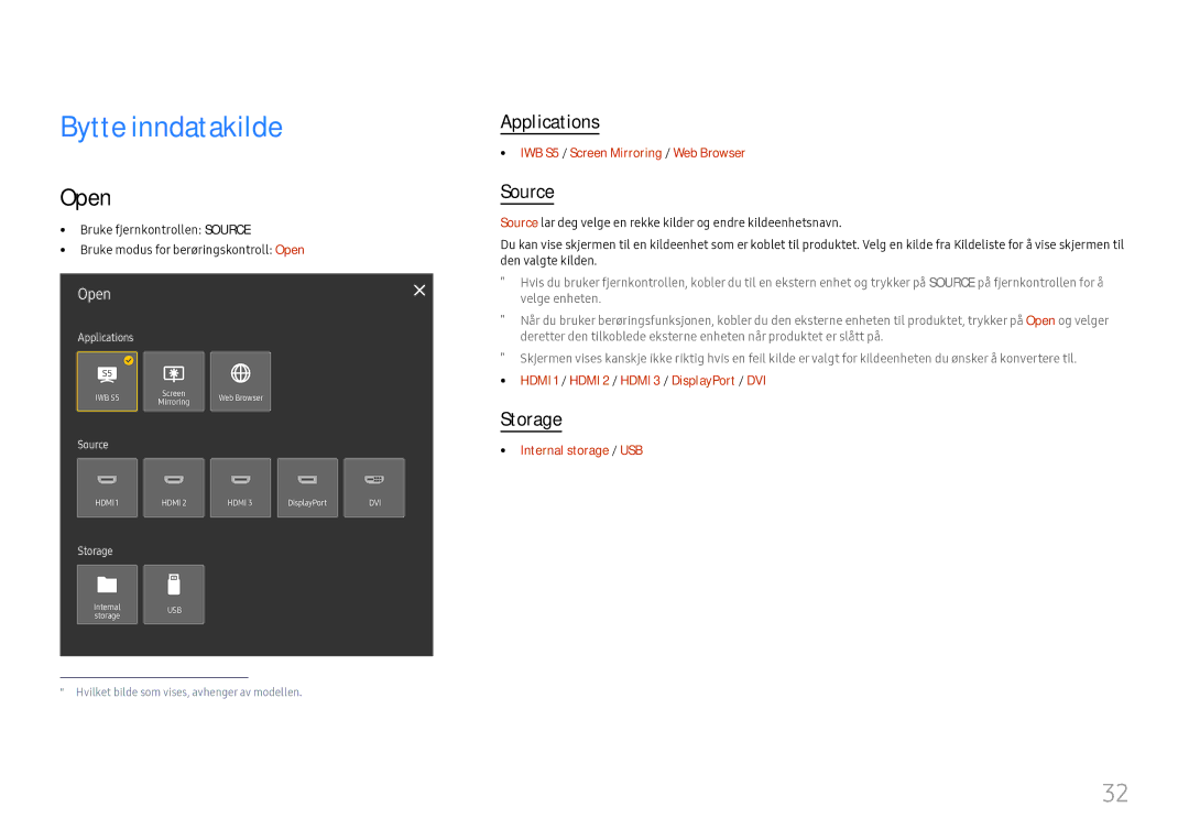 Samsung LH75QBHRTBC/EN, LH65QBHRTBC/EN manual Bytte inndatakilde, Open, Applications, Source, Storage 