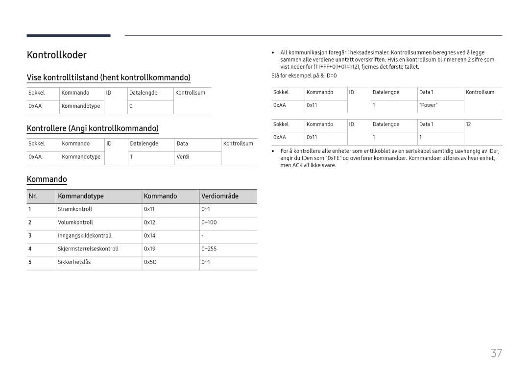 Samsung LH65QBHRTBC/EN manual Kontrollkoder, Vise kontrolltilstand hent kontrollkommando, Kontrollere Angi kontrollkommando 