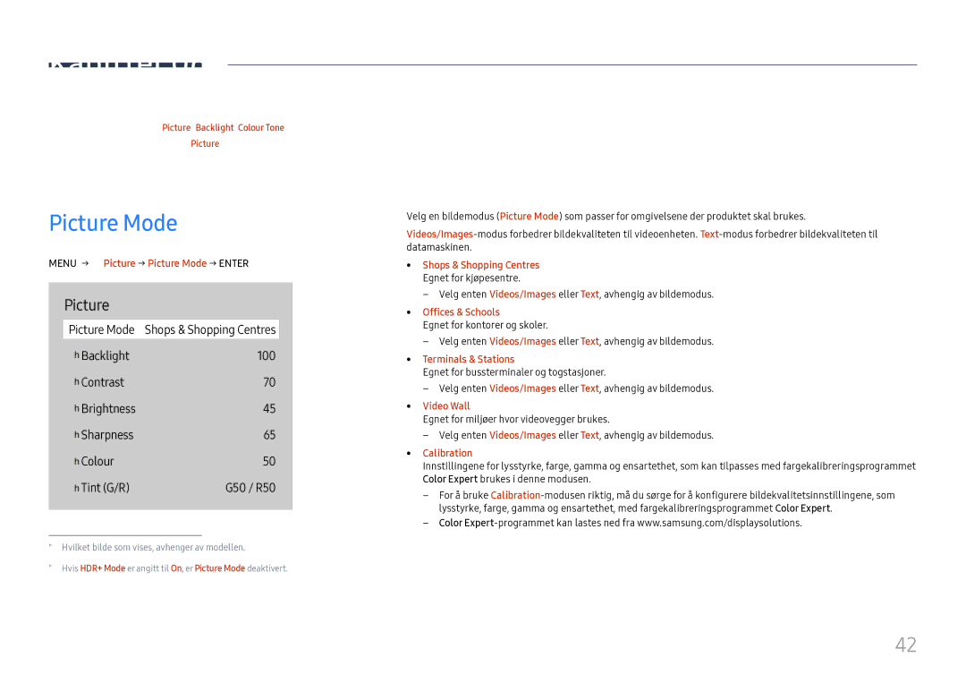 Samsung LH75QBHRTBC/EN, LH65QBHRTBC/EN manual Skjermjustering, Picture Mode 