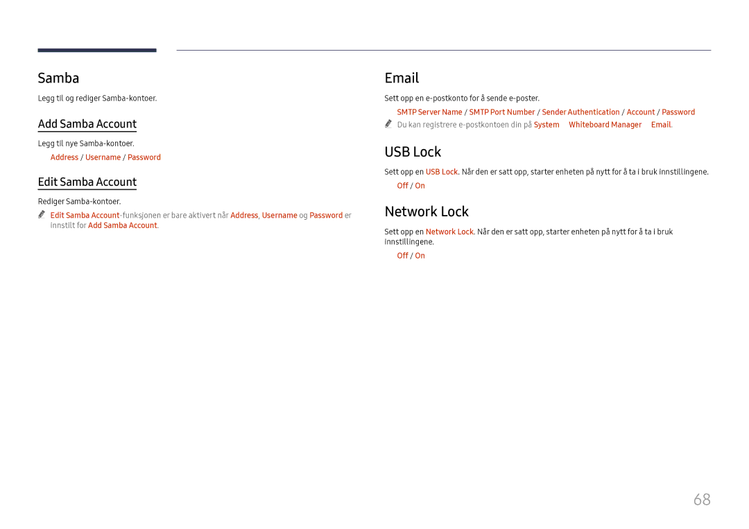 Samsung LH75QBHRTBC/EN, LH65QBHRTBC/EN manual USB Lock, Network Lock, Add Samba Account, Edit Samba Account 