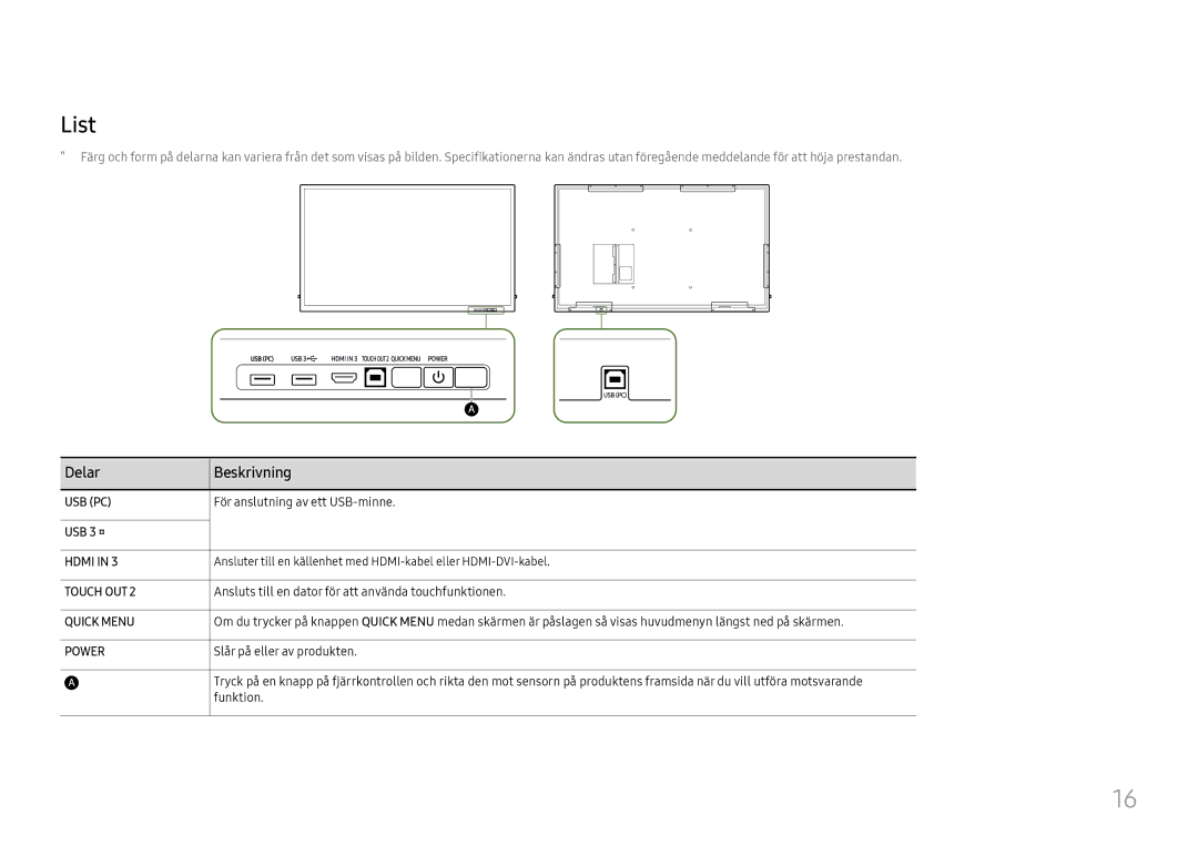 Samsung LH75QBHRTBC/EN, LH65QBHRTBC/EN manual List, För anslutning av ett USB-minne, USB 3 ¨, Funktion 