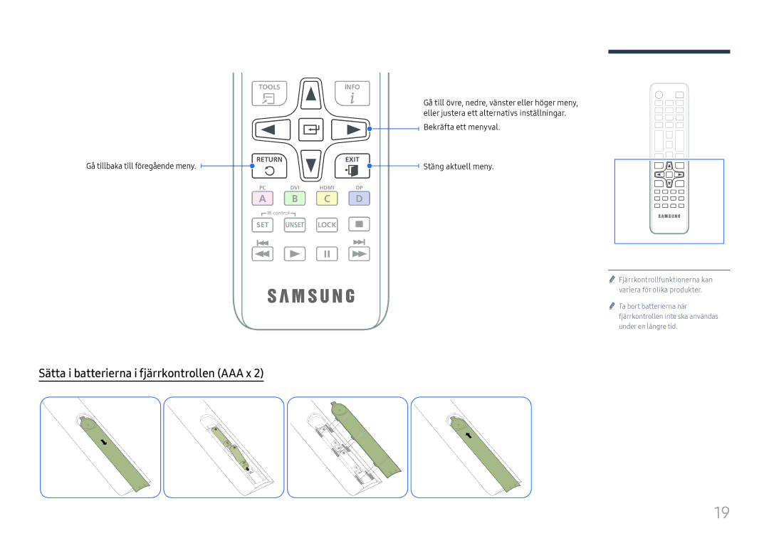 Samsung LH65QBHRTBC/EN, LH75QBHRTBC/EN manual Sätta i batterierna i fjärrkontrollen AAA x, Gå tillbaka till föregående meny 