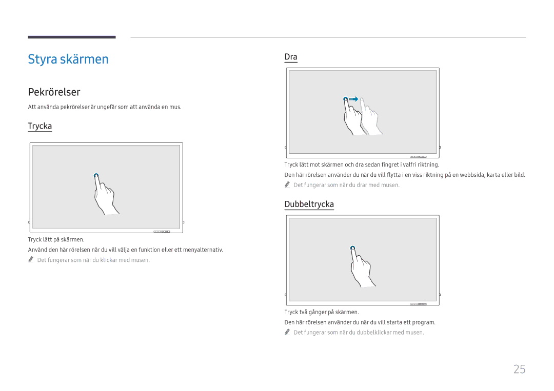 Samsung LH65QBHRTBC/EN, LH75QBHRTBC/EN manual Styra skärmen, Pekrörelser, Trycka, Dra, Dubbeltrycka 