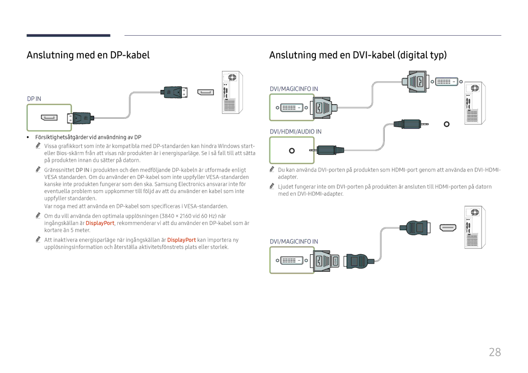 Samsung LH75QBHRTBC/EN, LH65QBHRTBC/EN manual Anslutning med en DP-kabel, Försiktighetsåtgärder vid användning av DP 