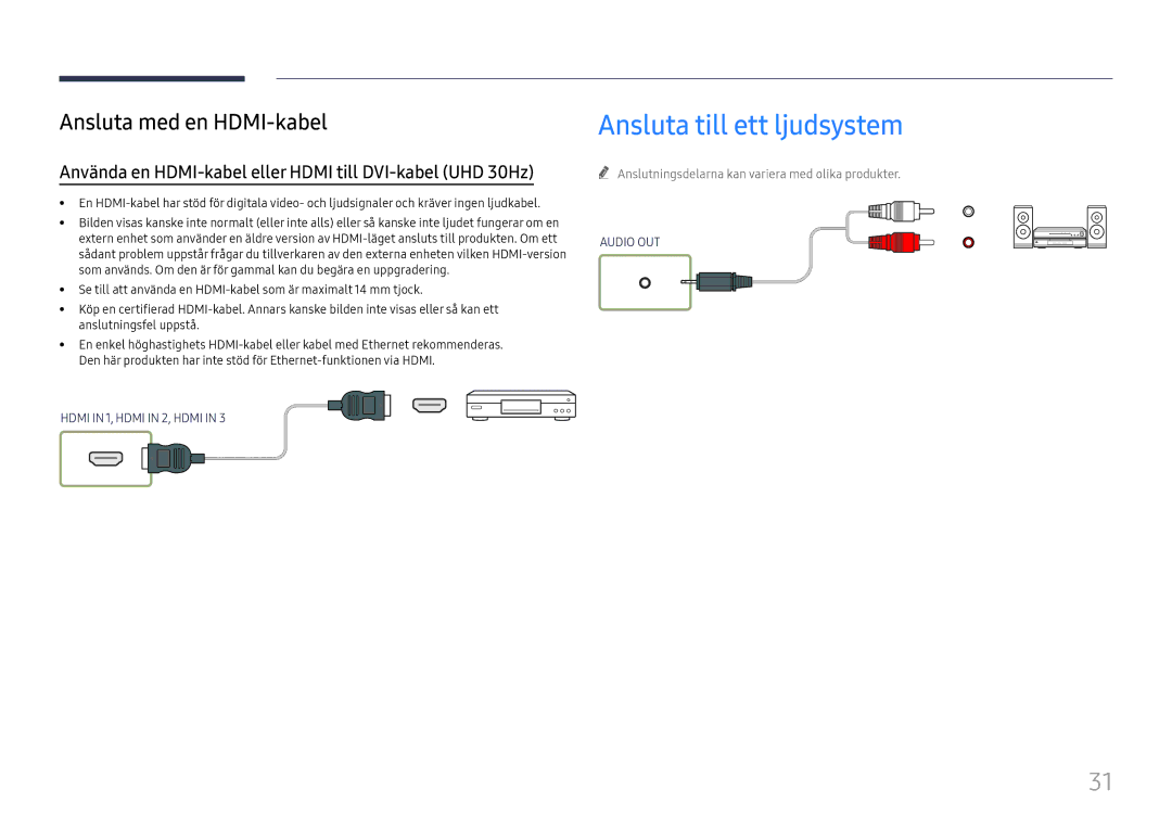 Samsung LH65QBHRTBC/EN manual Ansluta till ett ljudsystem, Använda en HDMI-kabel eller Hdmi till DVI-kabel UHD 30Hz 