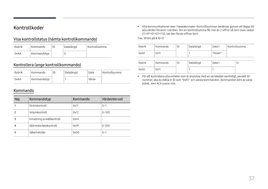 Samsung LH65QBHRTBC/EN manual Kontrollkoder, Visa kontrollstatus hämta kontrollkommando, Kontrollera ange kontrollkommando 