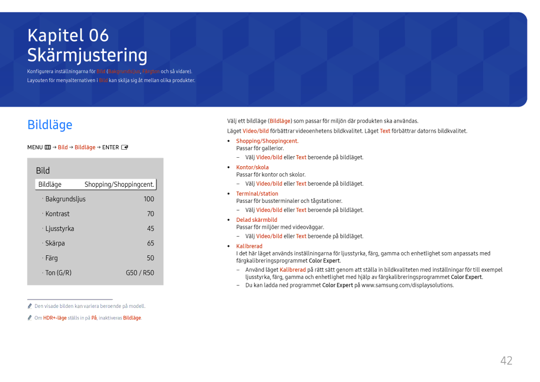 Samsung LH75QBHRTBC/EN, LH65QBHRTBC/EN manual Skärmjustering, Bildläge 