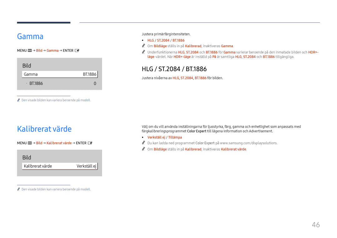 Samsung LH75QBHRTBC/EN, LH65QBHRTBC/EN manual Gamma, HLG / ST.2084 / BT.1886, Menu m→ Bild → Kalibrerat värde → Enter E 