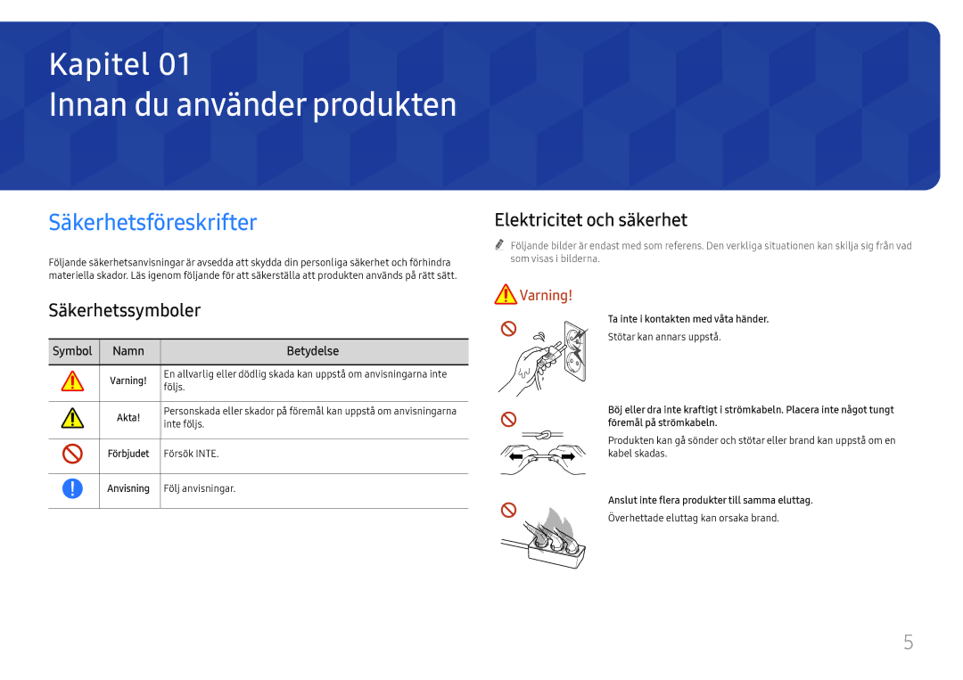 Samsung LH65QBHRTBC/EN manual Säkerhetsföreskrifter, Säkerhetssymboler, Elektricitet och säkerhet, Symbol Namn Betydelse 