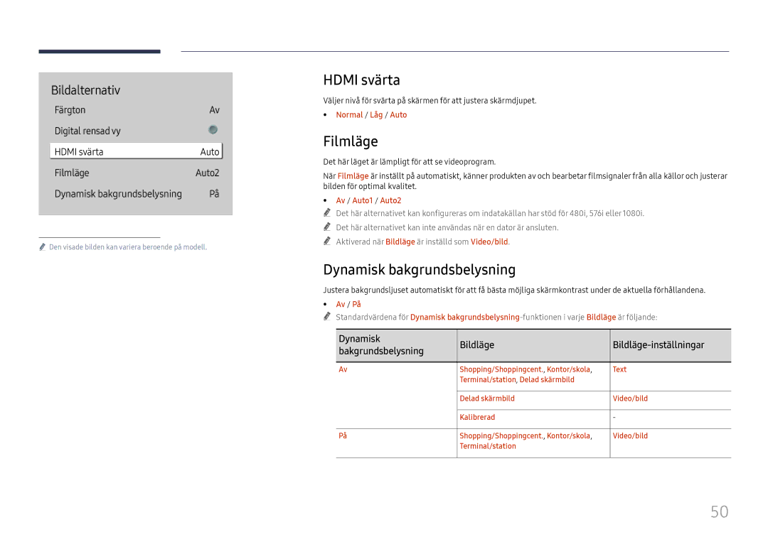 Samsung LH75QBHRTBC/EN, LH65QBHRTBC/EN manual Hdmi svärta, Filmläge, Dynamisk bakgrundsbelysning 