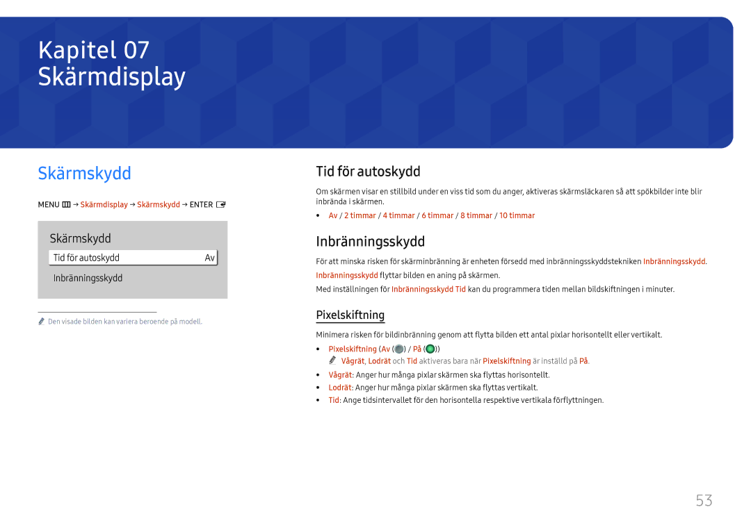 Samsung LH65QBHRTBC/EN, LH75QBHRTBC/EN manual Skärmdisplay, Skärmskydd, Tid för autoskydd, Inbränningsskydd 