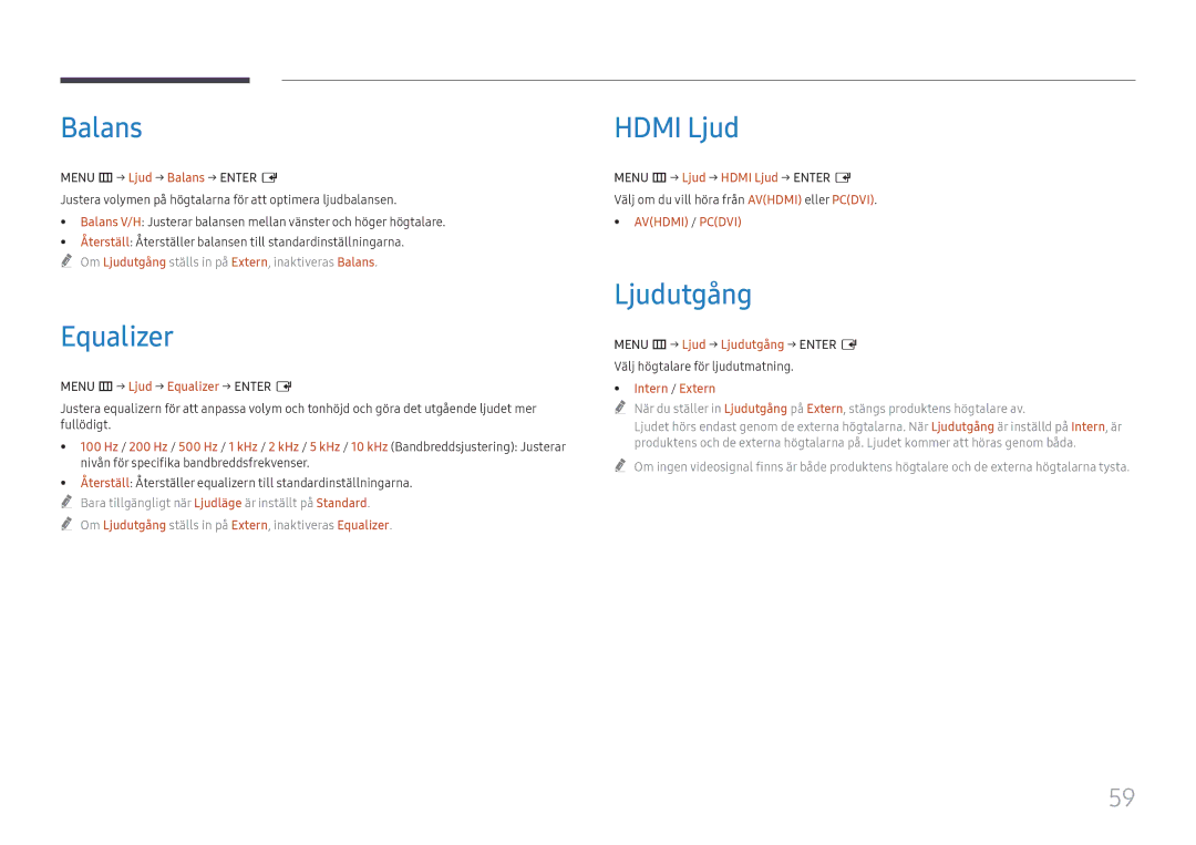 Samsung LH65QBHRTBC/EN, LH75QBHRTBC/EN manual Balans, Equalizer, Hdmi Ljud, Ljudutgång 